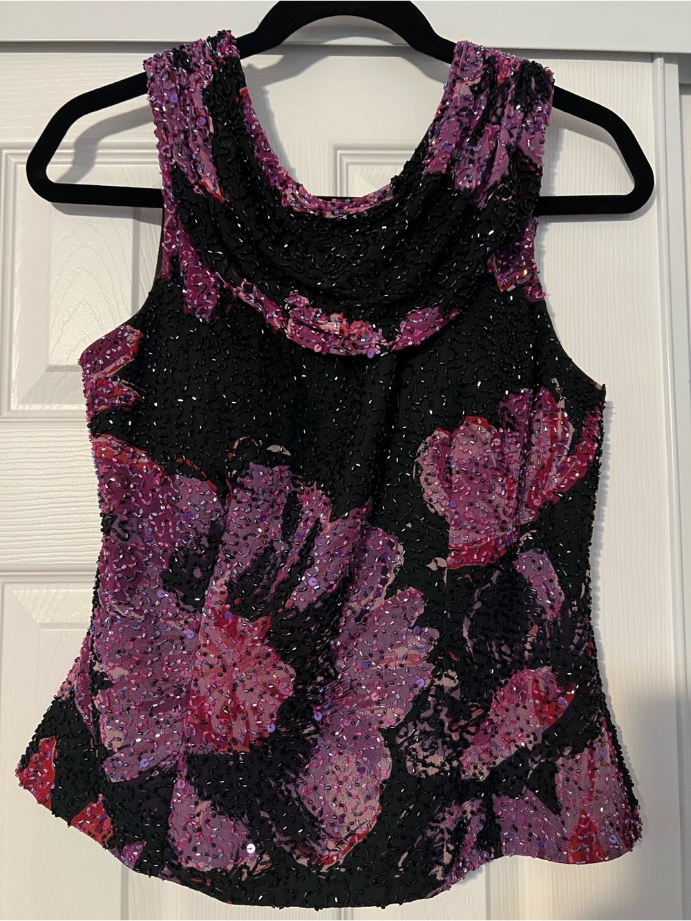 Cecily Brown Women's Black Sequin Floral Tank Top with Purple Pink Accents